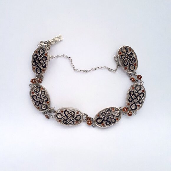 VINTAGE 925 Silver Filigree Lace Oval Link Bracelet with Black and Red Enamel - Picture 2 of 7